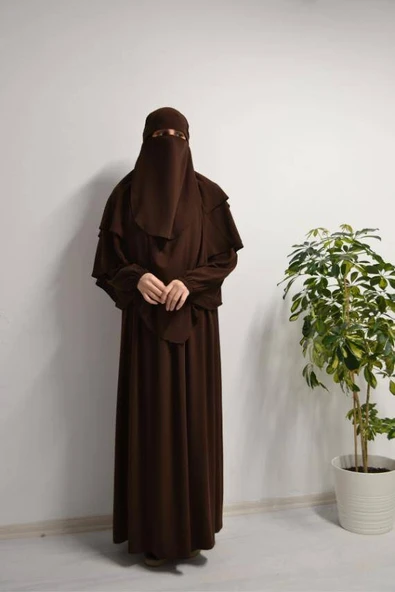 Medine İpeği Elbise- Sufle ve Peçe Takım Üç Parça Set Kahverengi ürün görseli