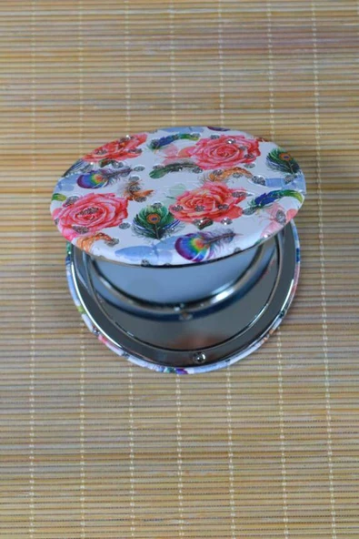 Cep Çanta Aynası, Makyaj Aynası Etnik Desenli Yuvarlak 7x7cm Model 3 - Resim 3