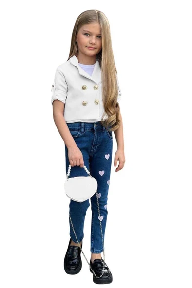 Kız Çocuk Gümüş Düğme Detaylı Beyaz Blazer Ceket Kalp Detaylı Jean Pantolon Alt Üst Takım 2251205015