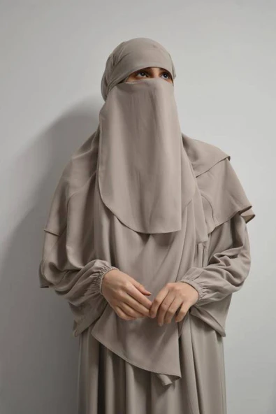 Medine İpeği Elbise- Sufle ve Peçe Takım Üç Parça Set Bej ürün görseli