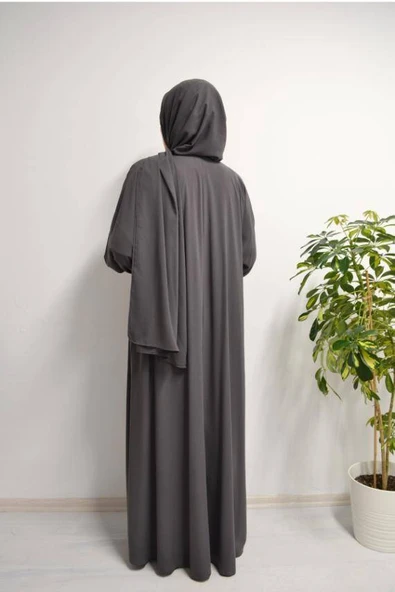 Medine İpeği Kendinden Şallı Ferace Füme - Resim 4