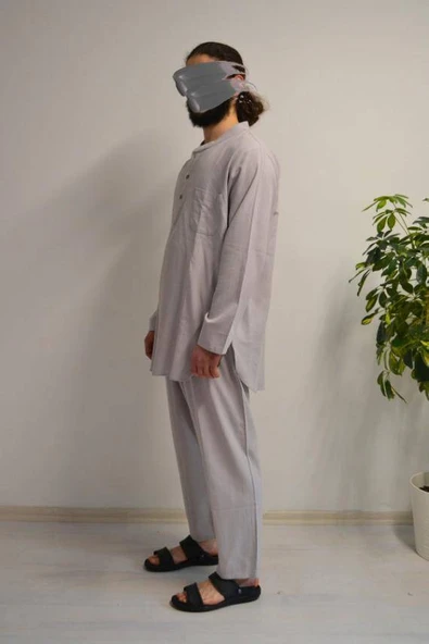 Afgan Model Pamuklu Keten Erkek Takım Gri– Rahat Kalıp - Resim 4