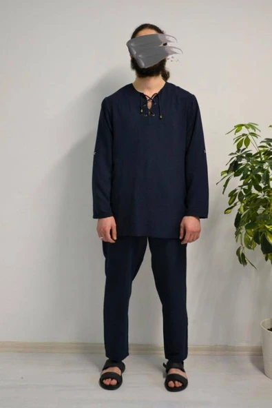 Hac ve Umre İçin Erkek Takım-Lastikli Pantolon&Dik Yaka Gömlek Lacivert