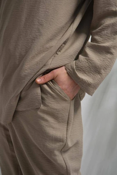 Hac ve Umre İçin Erkek Takım-Lastikli Pantolon&Dik Yaka Gömlek Vizon - Resim 5