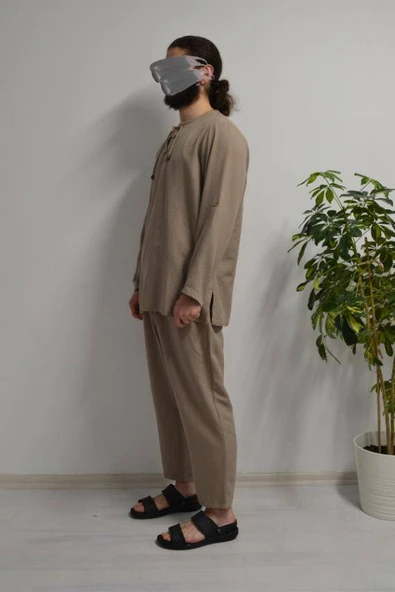 Hac ve Umre İçin Erkek Takım-Lastikli Pantolon&Dik Yaka Gömlek Vizon - 8