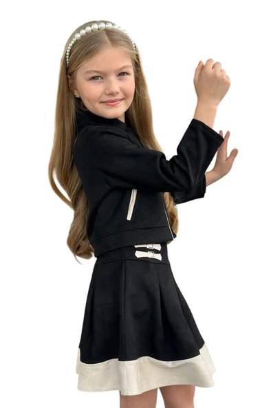 Kız Çocuk Asimetrik Kesim Gömlek Yaka Ceket Eteği Şerit Detaylı Pliseli Süet Siyah Etekli Takım - 2