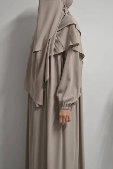 Medine İpeği Elbise- Sufle ve Peçe Takım Üç Parça Set Bej - Resim 5