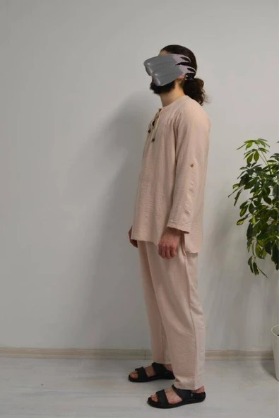 Hac ve Umre İçin Erkek Takım -Lastikli Pantolon&Dik Yaka Gömlek Bej - Resim 8