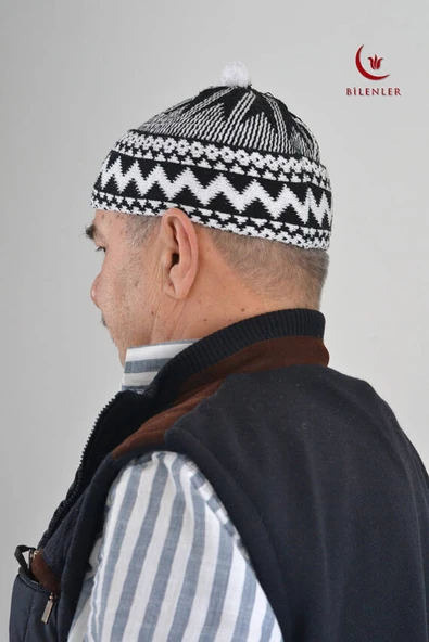 Kırçıllı Triko Örme Hacı Takkesi Siyah ürün görseli