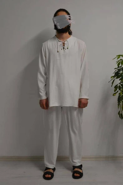 Hac ve Umre İçin Erkek Takım-Lastikli Pantolon&Dik Yaka Gömlek Beyaz ürün görseli