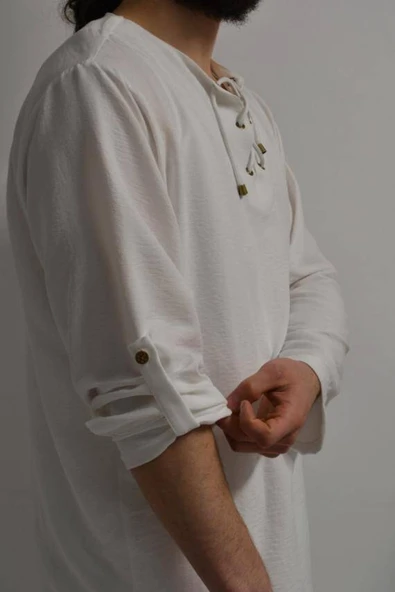 Hac ve Umre İçin Erkek Takım-Lastikli Pantolon&Dik Yaka Gömlek Beyaz - Resim 3