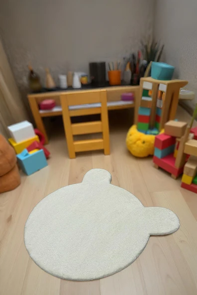Peluş Ayıcık Halı Kaymaz Tabanlı Yıkanabilir Çocuk & Oyun Odası Halısı Krem