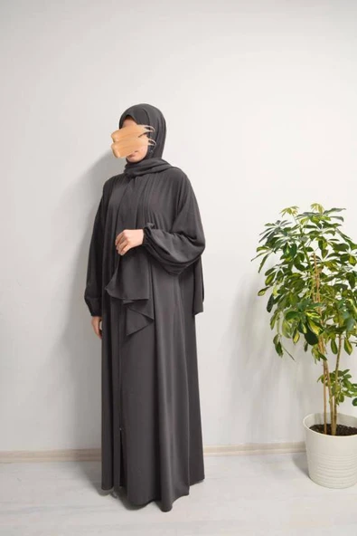 Medine İpeği Kendinden Şallı Ferace Füme - Resim 5