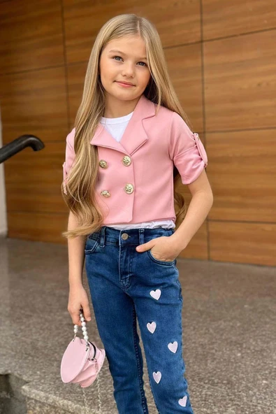 Kız Çocuk Gümüş Düğme Detaylı Pudra Blazer Ceket Kalp Detaylı Jean Pantolon Alt Üst Takım 2251205016 - 3