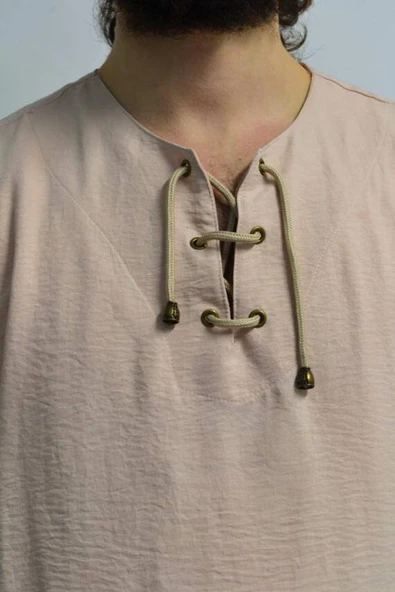 Hac ve Umre İçin Erkek Takım -Lastikli Pantolon&Dik Yaka Gömlek Bej - Resim 7