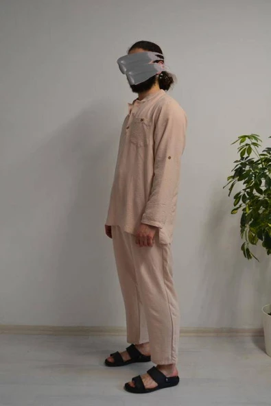 Erkek Pamuklu Aerobin Kumaş Hac ve Umre Takımı Bej -Bol Kesim-Rahat Kalıp - Resim 5