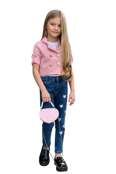 Kız Çocuk Gümüş Düğme Detaylı Pudra Blazer Ceket Kalp Detaylı Jean Pantolon Alt Üst Takım 2251205016