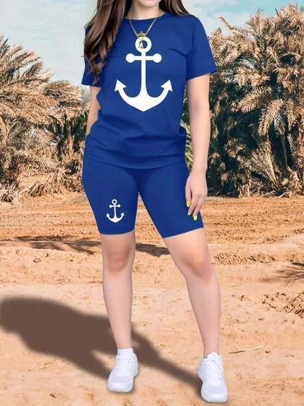 Kadın Kısa Kollu çapa Baskılı Viskon Ikili Takım - Resim 3