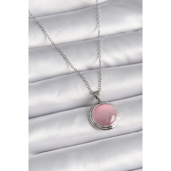 316L Çelik Gümüş Renk Daire Pembe Sedefli Model Kadın Kolye - TJ-BKO9425