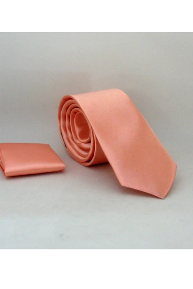Yavru Ağzı Slim Fit (ince) Düz Renk Mendilli Saten Kravat - SS-44 ürün görseli