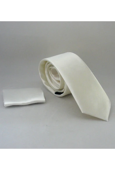 Krem Slim Fit (ince) Düz Renk Mendilli Saten Kravat - SS-33 ürün görseli