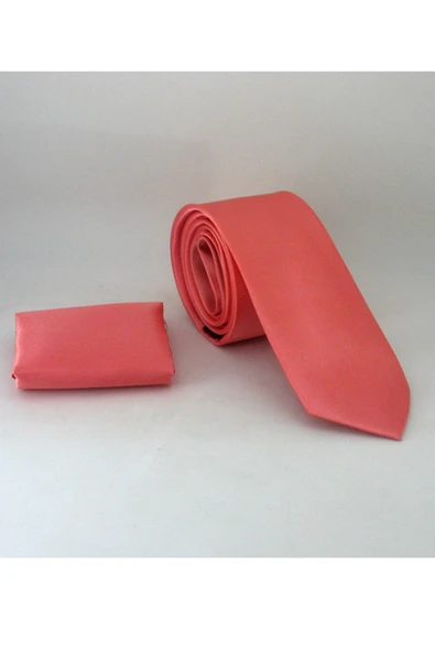Mercan Slim Fit (ince) Düz Renk Mendilli Saten Kravat - SS-45 ürün görseli