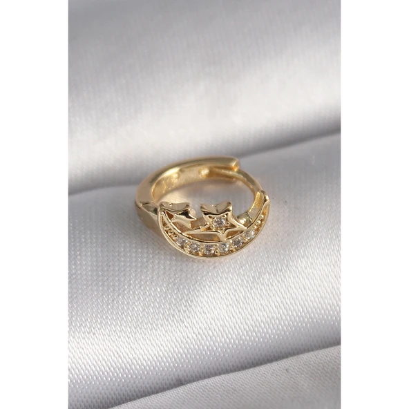 316L Çelik Gold Renk Zirkon Taşlı Ay Yıldız Model Tragus Piercing - TJ-PR1322