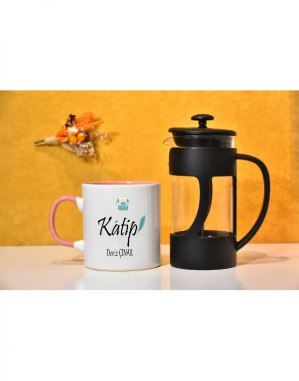 Katip Mesleği Baskılı Kişiye Özel Kupa Bardak ve Frenchpress Seti