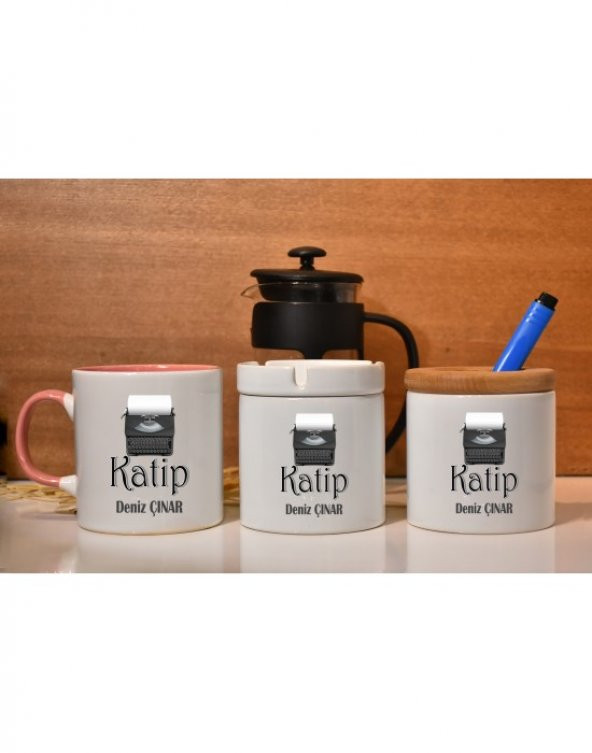 Katip Mesleği Baskılı Kişiye Özel Kupa French Press Kalemlik ve Küllük Hediye Seti