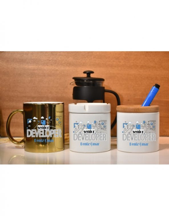 Senior Developer Mesleği Baskılı Kişiye Özel Kupa French Press Kalemlik ve Küllük Hediye Seti - 10