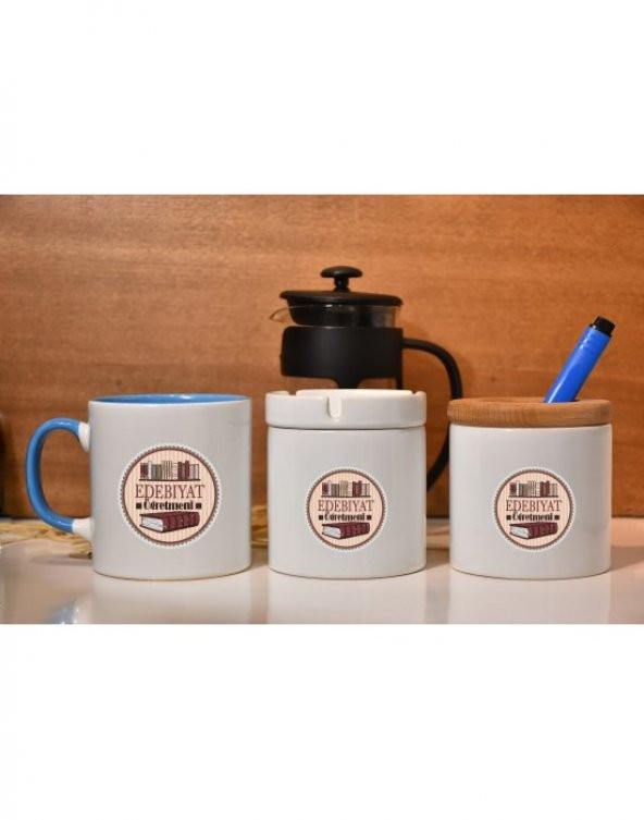 Türk Dili ve Edebiyatı Öğretmeni Baskılı Kupa French Press Kalemlik ve Küllük Hediye Seti