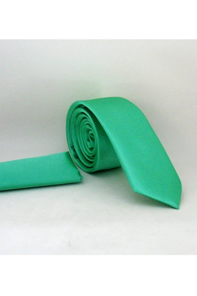 Mint Yeşili Slim Fit (ince) Düz Renk Mendilli Saten Kravat - SS-43 ürün görseli