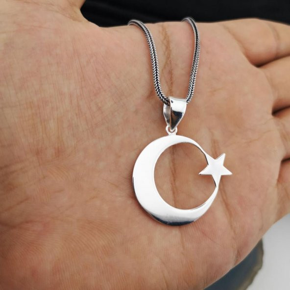 925 Ayar Gümüş Ayyıldız Kolye Kalın Zincirli 60 CM - 4