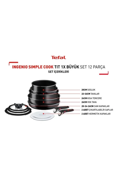 TEFAL L15392 Ingenio Titanyum 1X SimpleCook Büyük Tava ve Tencere Seti 12 Parça - Resim 2