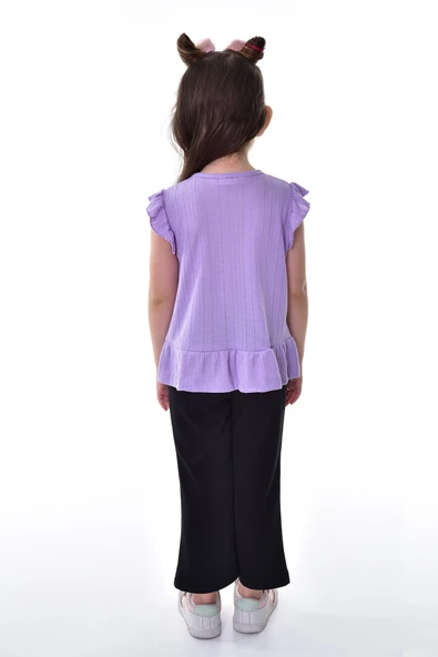 Fırfır Kollu Düğmeli Fiyonk Detaylı Kız Çocuk Alt-Üst Takım - Resim 12