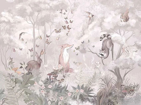 Safari Tilki, Tavşan, Kuş Orman Çocuk Odası Duvar Kağıdı Baskı - Resim 5