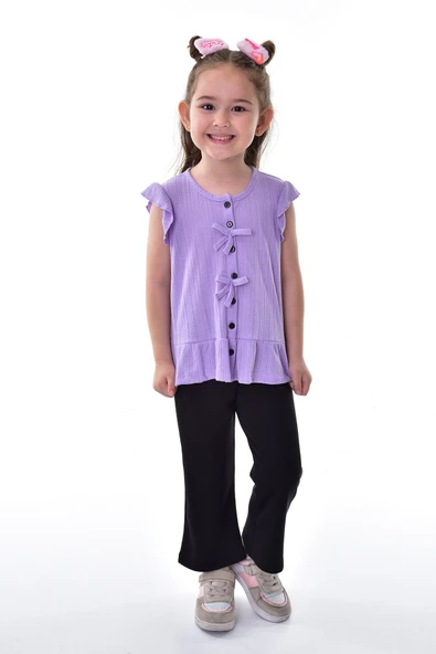 Fırfır Kollu Düğmeli Fiyonk Detaylı Kız Çocuk Alt-Üst Takım - Resim 7