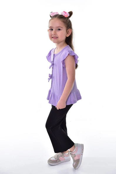 Fırfır Kollu Düğmeli Fiyonk Detaylı Kız Çocuk Alt-Üst Takım - Resim 10