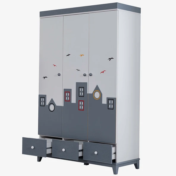 Montessori Çocuk Odası - City Montessori 3 Kapılı Dolap, Yavrulu Yatak, Şifonyer - Gri - 6