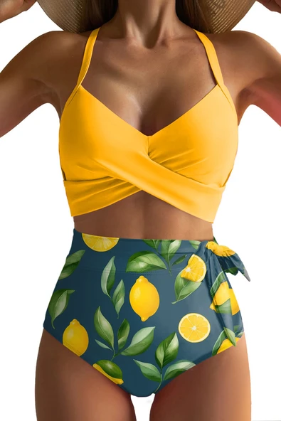 Yüksek Bel Tropikal Desenli Bikini Takımı (Sarı-2)