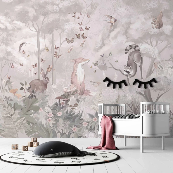 Safari Tilki, Tavşan, Kuş Orman Çocuk Odası Duvar Kağıdı Baskı - Resim 3