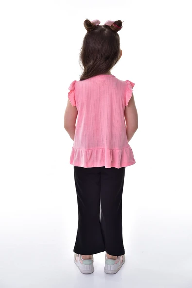 Fırfır Kollu Düğmeli Fiyonk Detaylı Kız Çocuk Alt-Üst Takım - Resim 6