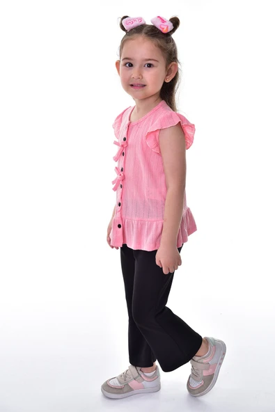 Fırfır Kollu Düğmeli Fiyonk Detaylı Kız Çocuk Alt-Üst Takım - Resim 2