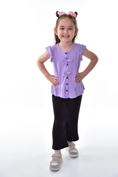 Fırfır Kollu Düğmeli Fiyonk Detaylı Kız Çocuk Alt-Üst Takım - Resim 8