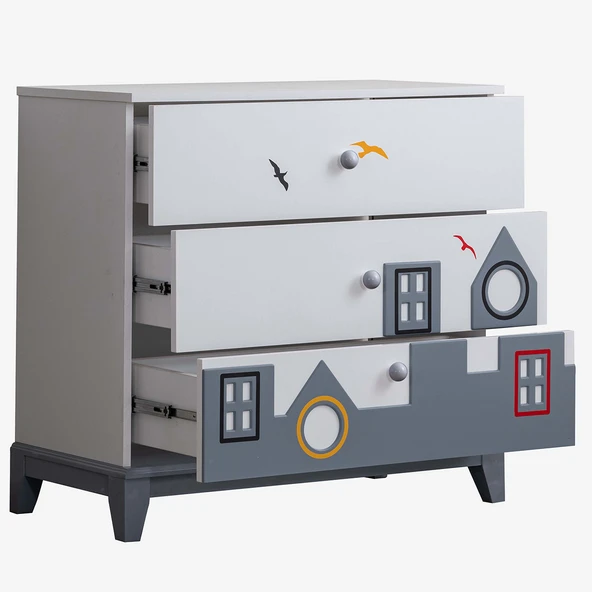 Montessori Çocuk Odası - City Montessori 3 Kapılı Dolap, Yavrulu Yatak, Şifonyer - Gri - 4