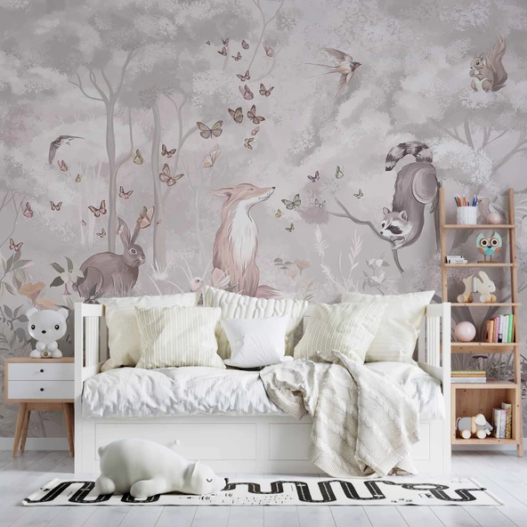 Safari Tilki, Tavşan, Kuş Orman Çocuk Odası Duvar Kağıdı Baskı - Resim 4