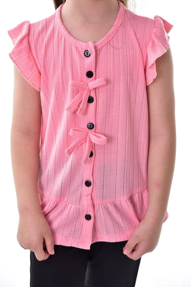 Fırfır Kollu Düğmeli Fiyonk Detaylı Kız Çocuk Alt-Üst Takım - Resim 5