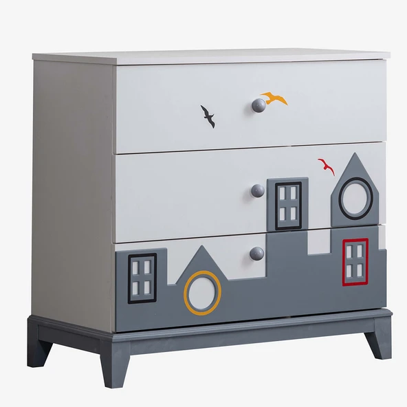 Montessori Çocuk Odası - City Montessori 3 Kapılı Dolap, Yavrulu Yatak, Şifonyer - Gri - 3