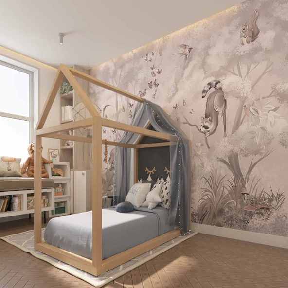 Safari Tilki, Tavşan, Kuş Orman Çocuk Odası Duvar Kağıdı Baskı - Resim 2