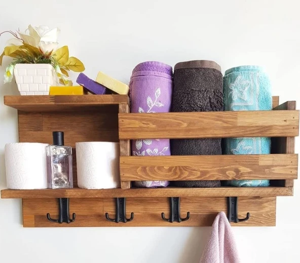 KUZELA  Ahşap Çok Amaçlı Banyo Askılık ve Raf. - 2